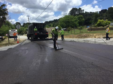 Pavement resurfacing work in progress as part of the Measure F-14 2020 Pavement Resurfacing project.