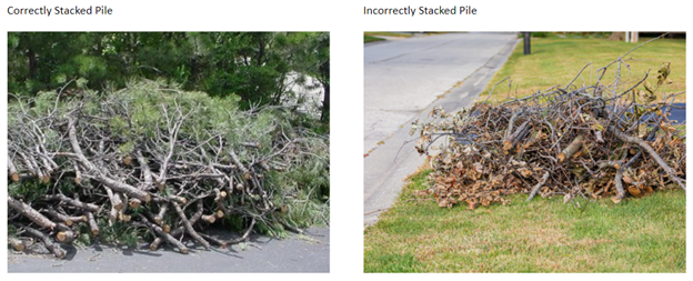 Two images of the proper and improper way to stack branches for chipping program.