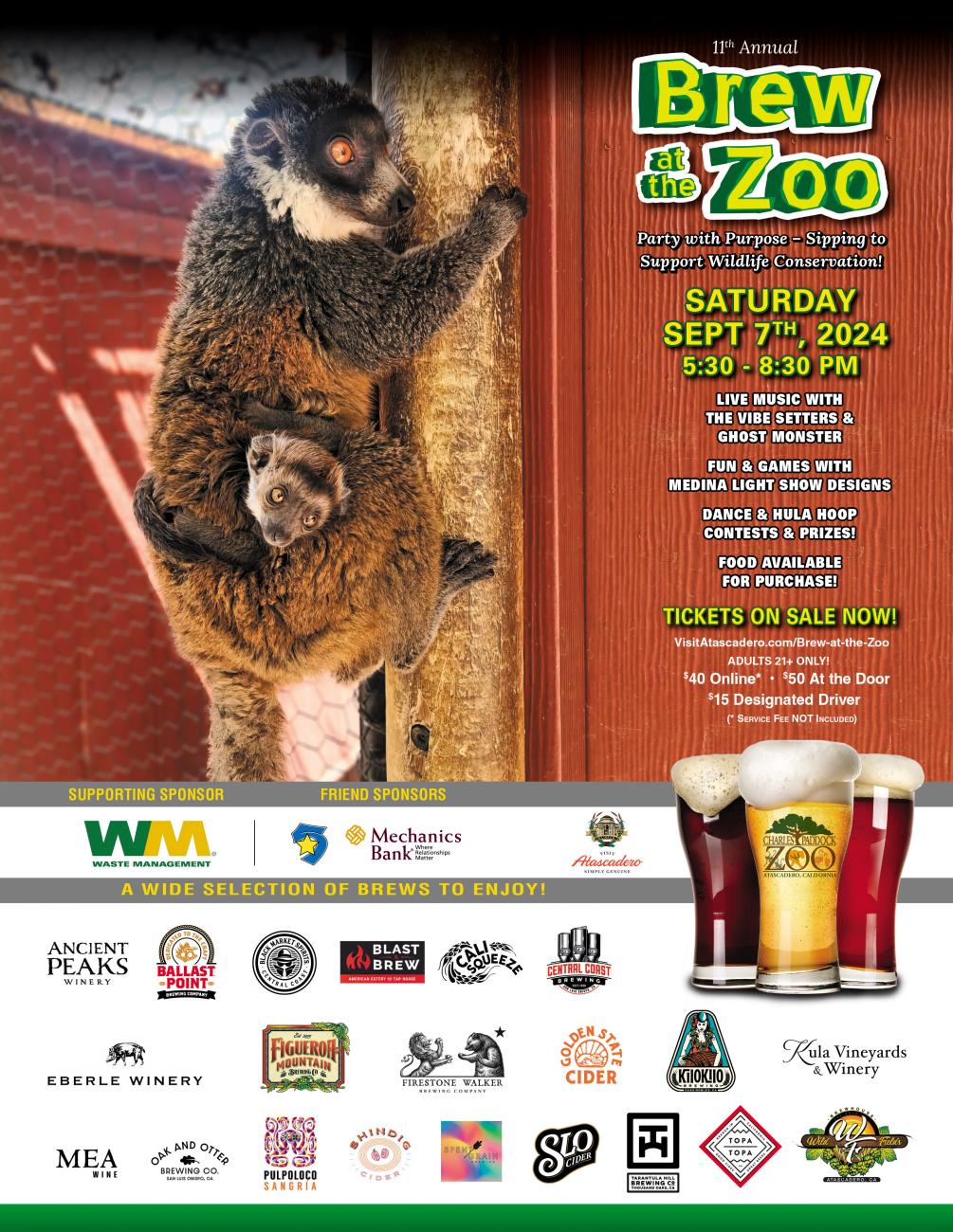 2024 Brew at the Zoo flyer including a picture of lemurs and event details