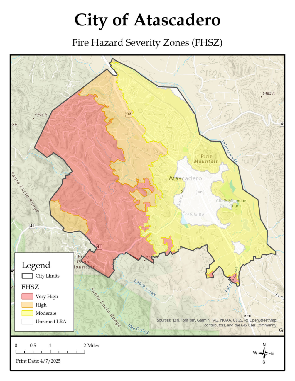 Map showing Fire Hazard Severity Zones for Atascadero, CA.