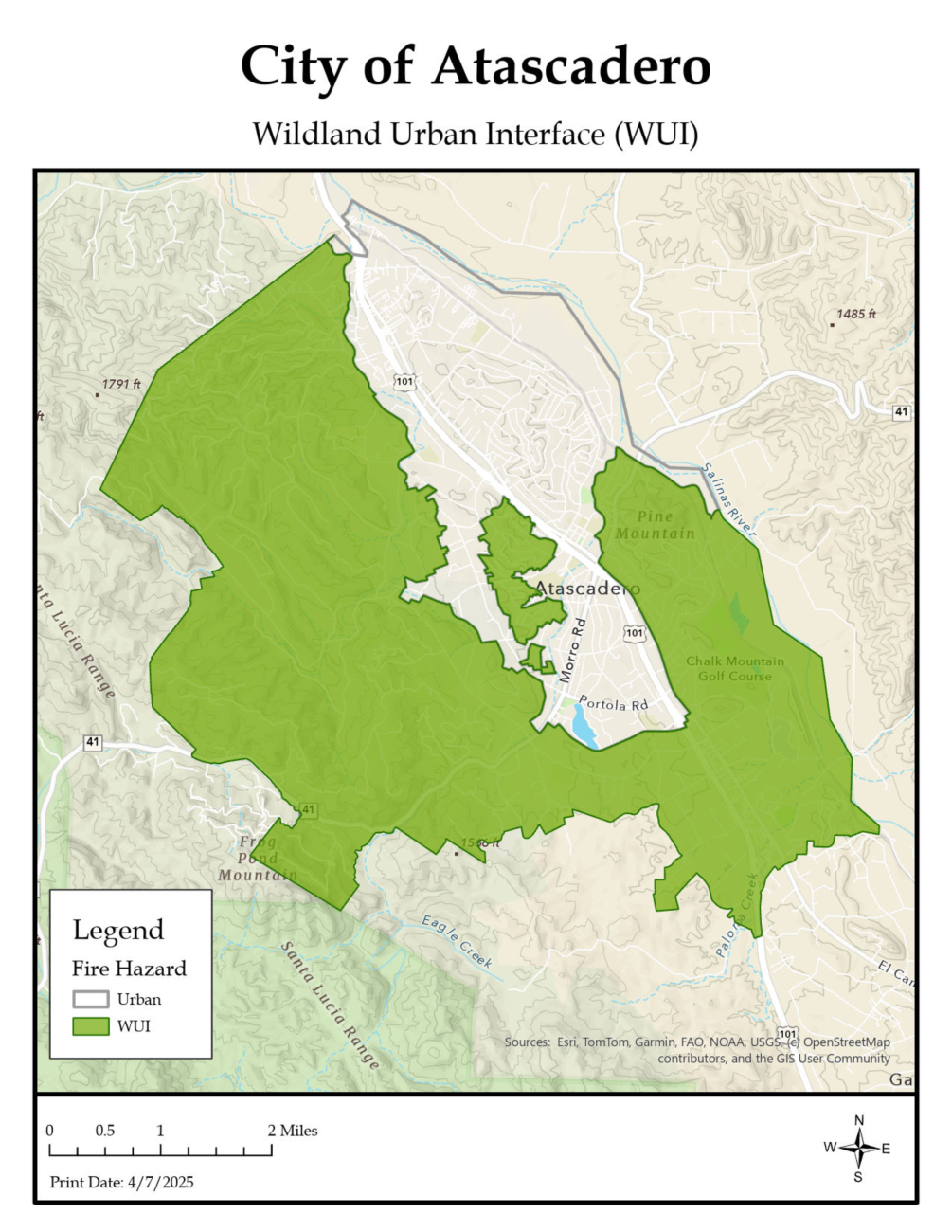 Wildland Urban Interface (WUI) Map for Atascadero, CA.