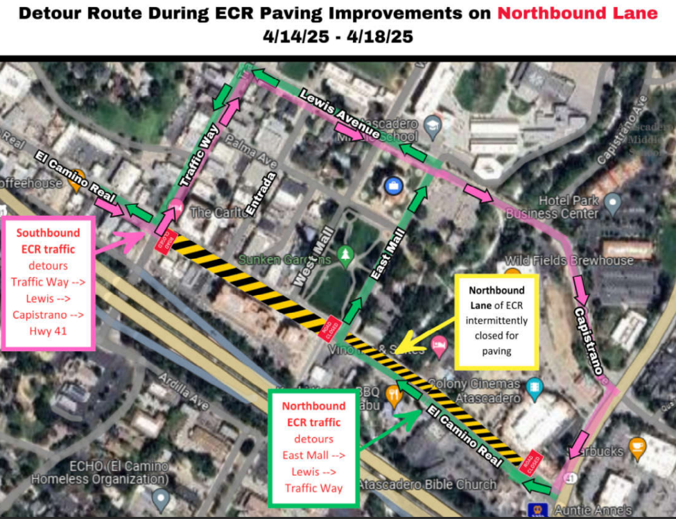 Detour map for northbound work on the ECR Project between 4/14-4/18/25