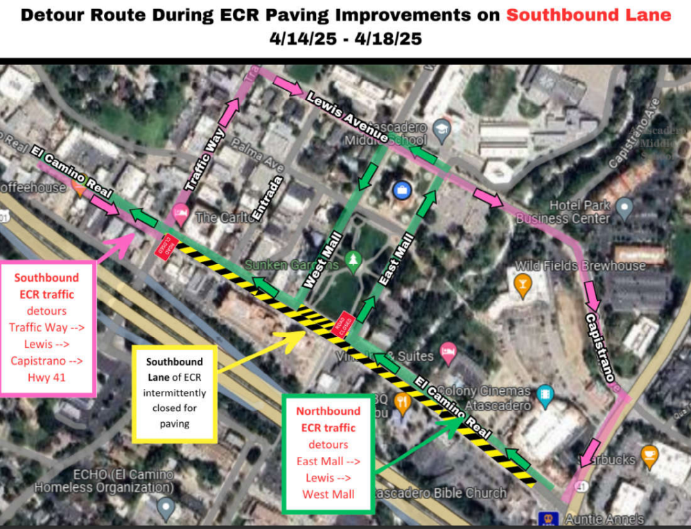 Detour map for southbound work on the ECR Project between 4/14-4/18/25