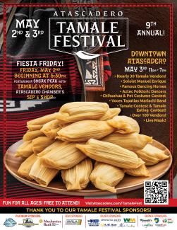 Flyer for the 2025 Tamale Festival event including event highlights and a picture of a platter with a large stack of tamales.